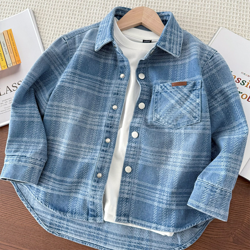 男童牛仔衬衫外套~中大童格子长袖衬衣时尚宽松休闲翻领上衣春秋,童装/婴儿装/亲子装,衬衫,淘宝优惠券,粉丝福利购,淘宝优惠卷
