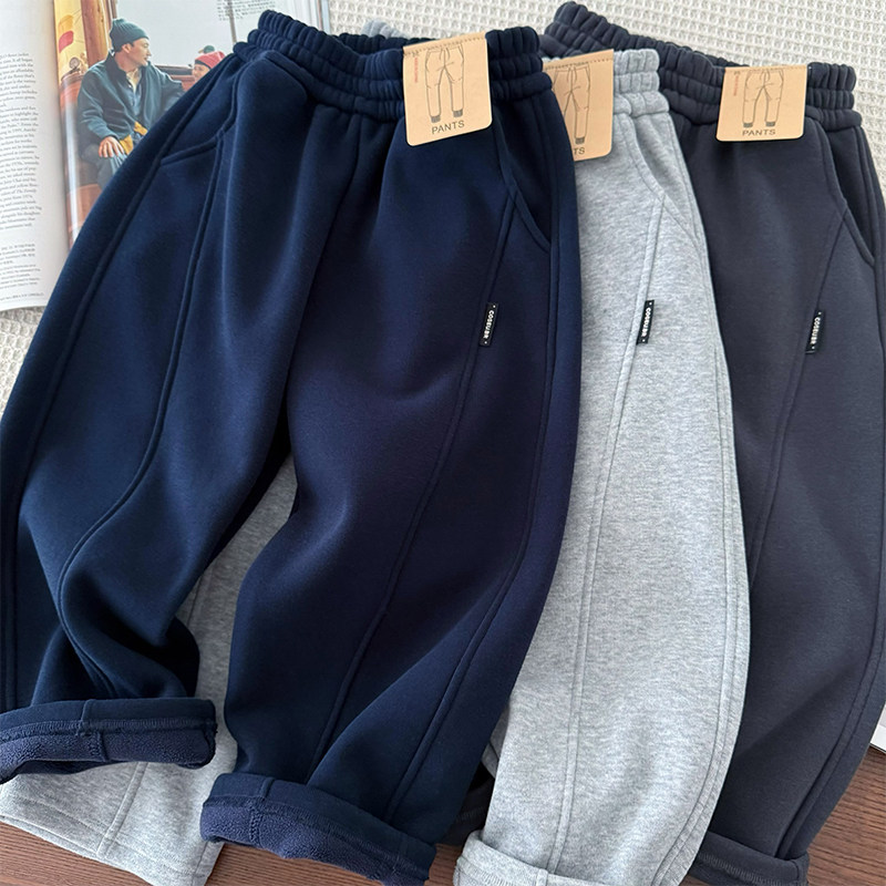 男童加绒裤子~秋冬季中大童加厚休闲运动裤男孩保暖卫裤弯刀裤