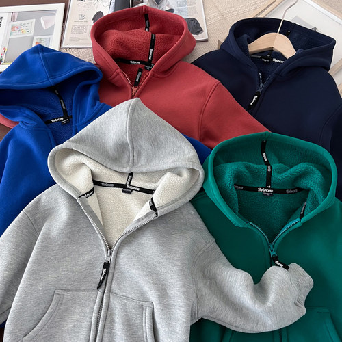 男童加绒加厚拉链衫连帽卫衣外套