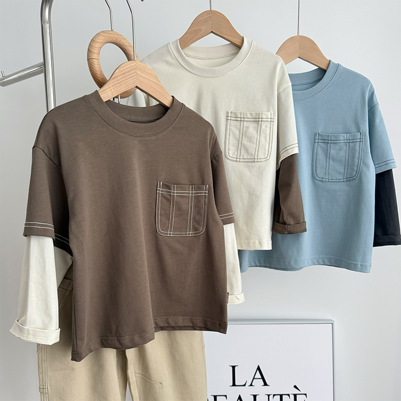 男童纯棉假两件打底衫圆领长袖T