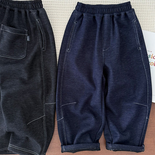 男童一体绒针织牛仔裤加厚休闲裤