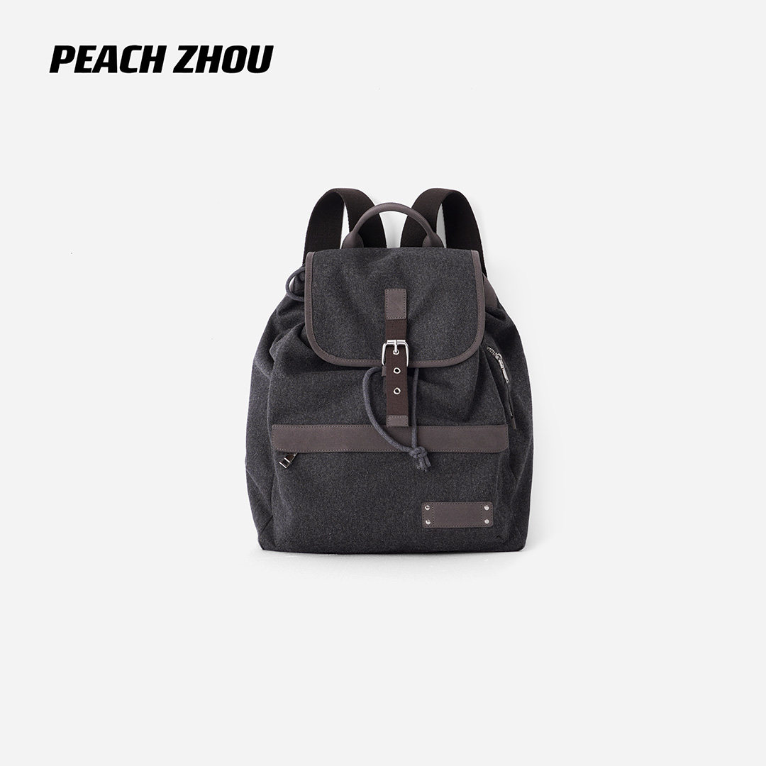 PEACHZHOU 羊毛麻灰色双肩包复古格纹拼接秋冬氛围感男女同款背包图片