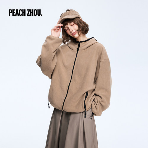 PEACHZHOU 经典撞色连帽宽松摇粒绒卫衣外套女2026年潮牌新款上衣