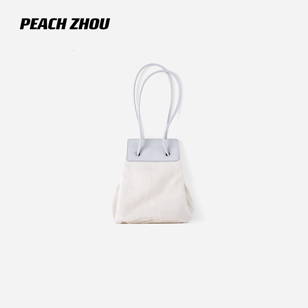 PEACHZHOU 日本买手款亚麻水桶包极简高级感牛皮拼接通勤单肩挎包图片
