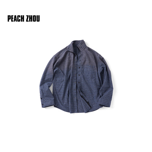 PEACHZHOU 色织蓝格子衬衫洗水割破宽松男友风廓形外套秋季新款