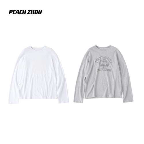 PEACHZHOU 竹节棉美式复古做旧字母印花宽松圆领长袖T恤女6S0069