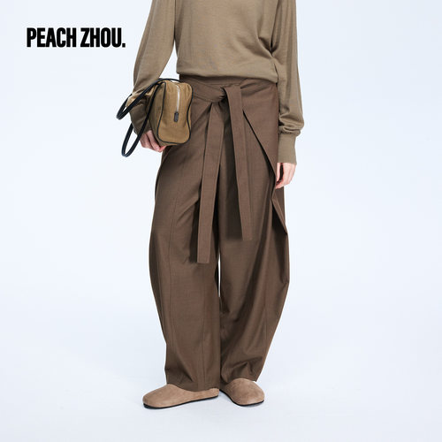 PEACHZHOU 设计感绑带精纺羊毛西装裤女遮胯宽松长裤子2026年秋季