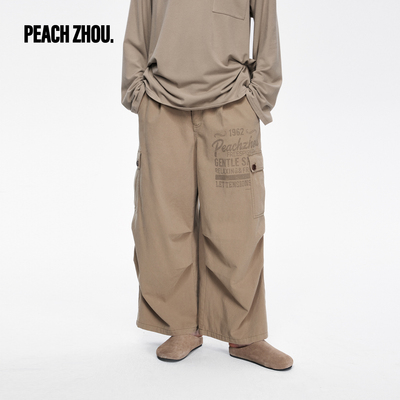 PEACHZHOU 古着设计感印花做旧洗褪色100%棉工装裤女休闲裤2026年