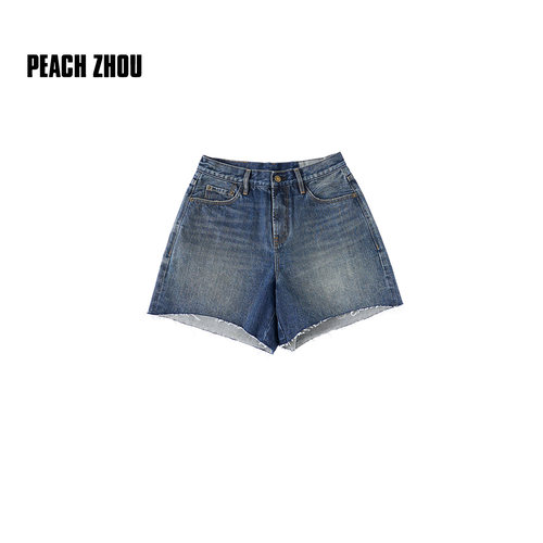 PEACHZHOU 竹节靛蓝丹宁红边布毛边牛仔短裤阔腿四分裤女2026新款