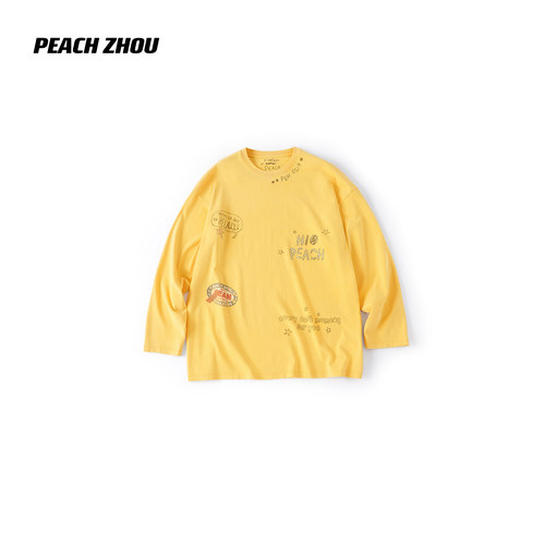 PEACHZHOU 磨破做旧趣味涂鸦印花宽松圆领长袖美式T恤女6QS60117
