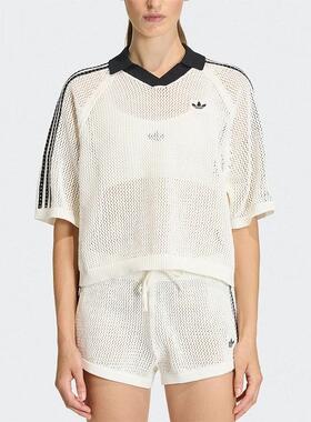 adidas三叶草 女子简约透气休闲针织镂空翻领短袖T恤KC6490