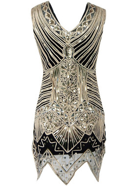 亚马逊爆款1920s复古盖比次晚礼服手工编织性感V领无袖亮片连衣裙