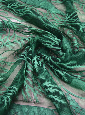 定制款复古古典绿色高档真丝纱蕾丝绣花旗袍面料桑蚕丝连衣裙布料