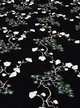 宽幅重工韩国进口绒手工刺绣绣黑色丝绒松树印花旗袍连衣裙面料