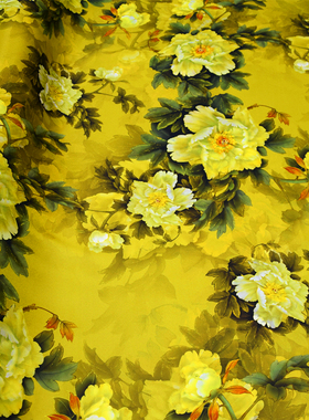 宽门幅42姆米黄绿色牡丹双色重缎真丝布料连衣裙旗袍中式礼服面料