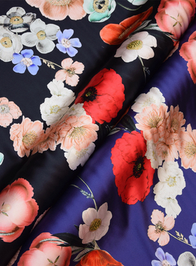 黑色大气花朵印花40姆米重磅重缎真丝旗袍连衣裙布料桑蚕丝绸面料