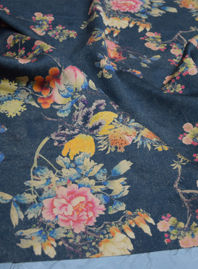 黑色植物印花40姆米重磅重缎香云纱旗袍布料桑蚕丝绸连衣裙面料女