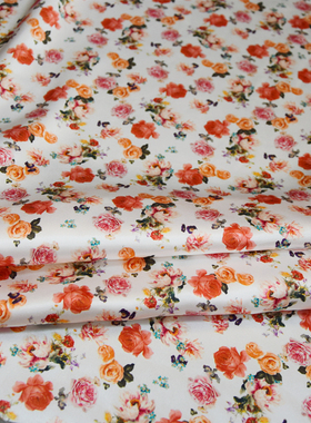 清爽20姆米白底红色小碎花真丝弹力缎连衣裙旗袍面料桑蚕丝绸布料