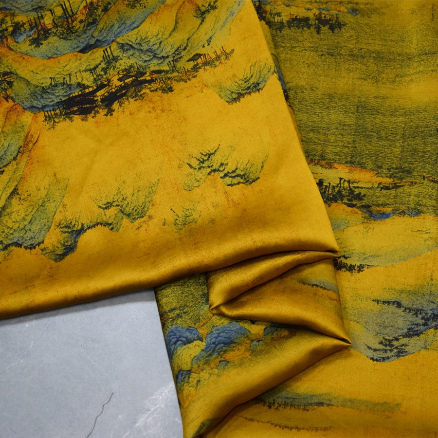 千里江山图28姆米重缎提花香云纱旗袍桑蚕丝面料连衣裙套装布料女