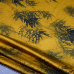 富贵亮黄色40姆米重磅重缎竹叶印花旗袍布料连衣裙高档礼服面料女