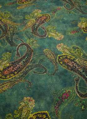 复古绿色腰果花印花30姆米提花红云纱旗袍连衣裙面料桑蚕丝布料女