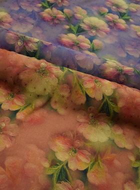 紫色红色花朵23姆米缎面提花红云纱香云纱旗袍面料连衣裙蚕丝布料