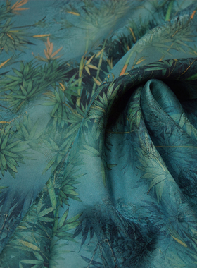 28姆米亮丽蓝绿色竹叶印花笋文艺风花萝红云纱旗袍布料连衣裙面料