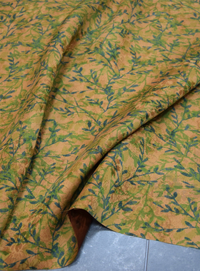 翠绿色叶子印花28姆米红云纱真丝香云纱面料旗袍连衣裙桑蚕丝布料