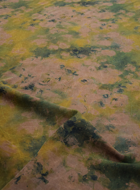 黄绿色梦幻朦胧印花28姆米龟裂纹香云纱真丝旗袍布料连衣裙面料