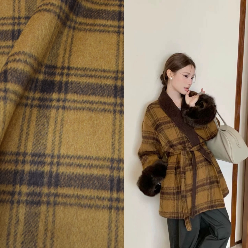 韩国进口定制黄格子羊驼绒双面羊绒大衣面料可剥羊毛秋冬时装布料