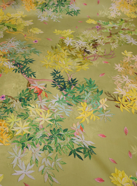 清新果绿色印花32姆米真丝杭锦宽幅旗袍连衣裙面料新中式丝绸布料