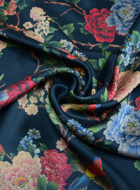 23姆米黑色印花珍珠缎真丝香云纱连衣裙旗袍衬衣布料丝绸套装面料