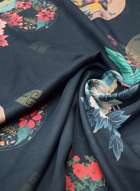 古典黑色40姆米重磅绢纺凤凰印花真丝香云纱连衣裙旗袍布料面料