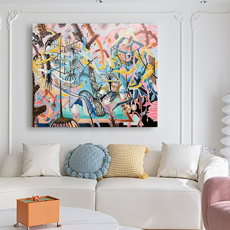 纯手绘抽象风景油画《意象花园》意式简约风玄关过道沙发背景挂画