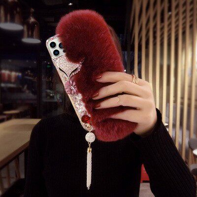 苹果16ProMax獭兔毛绒手机壳iPhone17真毛茸15plus适用14女13带钻