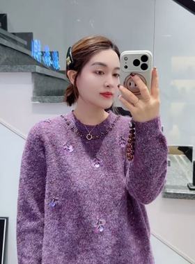 步衣岛29510大码毛衣女胖MM圆领针织衫200斤女装新款重工亮片打底