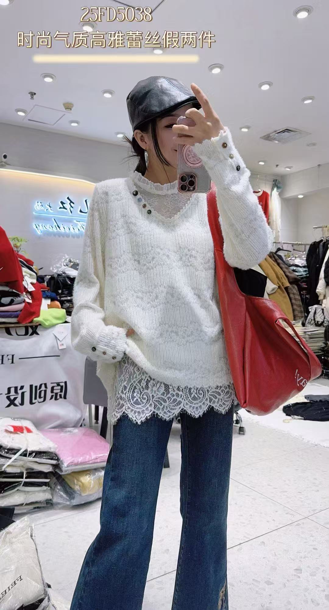 妃儿红5038大码T恤衫女胖MM蕾丝针织假两件200斤女装新款上衣打底