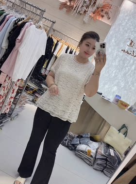 芮娜依莲蓝鲸之吻5659大码蕾丝衫女胖mm短袖T恤上衣200斤女装新款