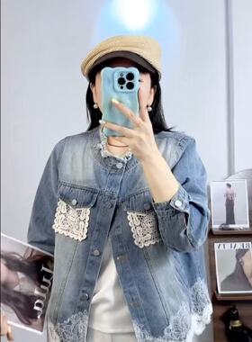香港芸卉25736大码牛仔服女胖mm蕾丝拼接开衫短外套200斤女装新款
