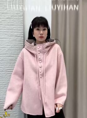 流依涵58701大码羊绒大衣女胖MM连帽毛呢外套200斤女装中长款羊毛