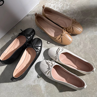 2024春季新款真皮圆头浅口单鞋女软底软面平跟女鞋蝴蝶结芭蕾舞鞋