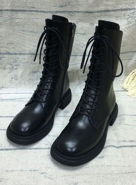 2024秋冬新款系带马丁靴女英伦风真皮厚底帅气瘦瘦靴平底中筒靴子