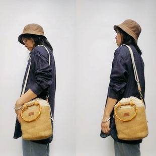 竹节拎手水桶女包抽带拼接棉黄麻米白包包斜挎文艺小清新原创野云