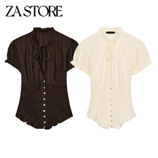 新品 蝴蝶结饰构造上衣 女装 极简风V领泡泡短袖 7521020 法式 春季