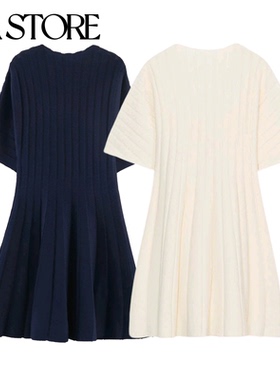春季新品女装简约风圆领短款罗纹针织泡泡短袖连衣裙 0014002