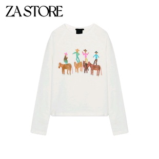 春季新品女装修身版型圆领长袖直筒下摆撞色印花饰T恤 1277020