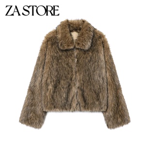 冬季新品女装欧美风翻领长袖拉链式人造皮草效果短款夹克外套