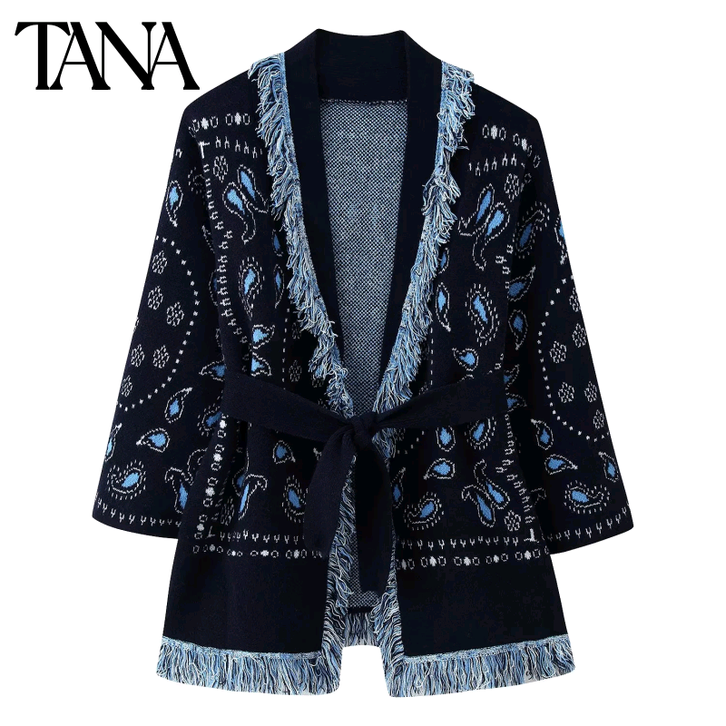 冬季新品女装复古风宽松翻领长袖流苏披肩中长款针织开衫外套