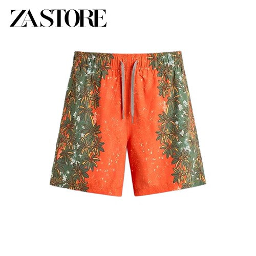 ZA 夏季新品男装度假风弹力腰身系带式花卉印花长款泳裤 8574418