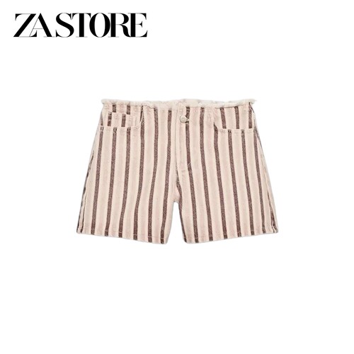 ZA 夏季新品女装纽扣拉链低腰条纹毛边腰身装饰牛仔短裤 6186052